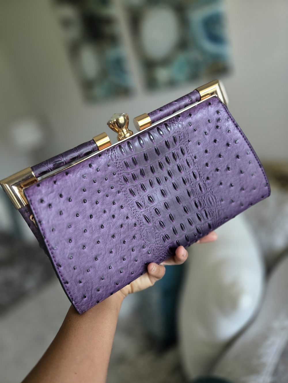 Elegant Purple Faux-Ostrich Frame Clutch